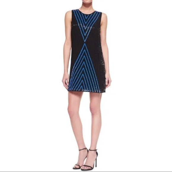 $396 NWT Parker Sz M Black Blue Silk Hourglass Chevron Beaded Mini Dress NEW - Picture 3 of 11